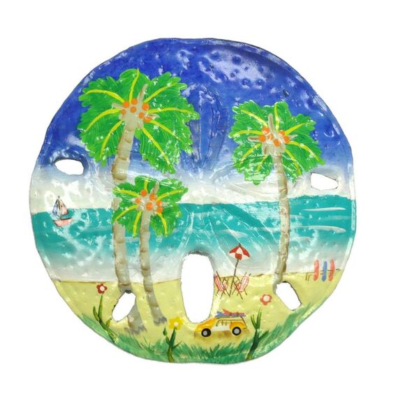 Tropical Beach Palm Tree Sand Dollar Haitian Metal S - Picture 1 of 4